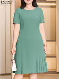 2025 ZANZEA Office Pleated Dresses Summer Women Short Sleeve Work OL Sundress Casual Solid Party Vestidos Knee-length Robe Femme