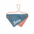 Personalized Pet Bib Bandana, Denim Fabric with Checkered Lining, Customizable Name for Dogs & Cats