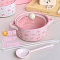 Pink Bow Double Ear Handle Bowl Ceramic Instant Noodles Bowl with Lid Cute Girl Heart Soup Bowl, High Beauty Household Rice Bowl