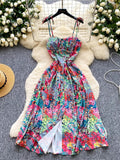 SINGREINY Lemon Print Beach Midi Dress Summer Women Spaghetti Strap A line Backless Split Korean Bohemian Floral Sundress