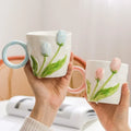 500ml 3D Tulip Pattern Ceramics Mug with Spoon Hand Carved Comfortable handle Coffee Cup Breakfast Milk oatmeal cup Girl Gift