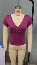2025 Summer New Fashion Women's T-Shirt Solid-Color Slim-Fit V-Neck Short-Sleeve Top Y2k Clothing