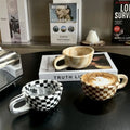 Unique INS Ceramic Coffee Cup Hand Pinched Plaid Water Cups Heat-resistant U-shaped handle Irregular Chessboard Mugs Breakfast