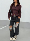 Spring and autumn new retro striped lapel button design slim fit blouse for women