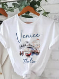 Hot Sale Venice Italia Letter Print Women's Crew Neck T-Shirt  Casual Short Sleeve Letter Print Spring Summer Top Tee T Shirt