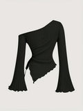 women's New off shoulder cross long sleeved slim fit casual street style asymmetrical elegant T-shirt trumpet sleeve top