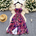 SINGREINY Lemon Print Beach Midi Dress Summer Women Spaghetti Strap A line Backless Split Korean Bohemian Floral Sundress