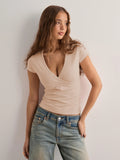 2025 Summer New Fashion Women's T-Shirt Solid-Color Slim-Fit V-Neck Short-Sleeve Top Y2k Clothing