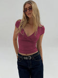 2025 Summer New Fashion Women's T-Shirt Solid-Color Slim-Fit V-Neck Short-Sleeve Top Y2k Clothing