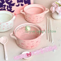 Pink Bow Double Ear Handle Bowl Ceramic Instant Noodles Bowl with Lid Cute Girl Heart Soup Bowl, High Beauty Household Rice Bowl