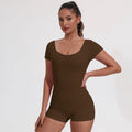 Backless Ribbed Bodysuit for Women Seamless U-Neck Short Sleeve Scoop Neck Jumpsuit Tummy Control Butt Lifting Workout Romper