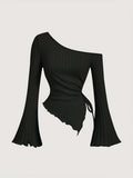 women's New off shoulder cross long sleeved slim fit casual street style asymmetrical elegant T-shirt trumpet sleeve top