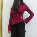 women's New off shoulder cross long sleeved slim fit casual street style asymmetrical elegant T-shirt trumpet sleeve top