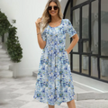 2024 Europe and the United States summer new women's fashion elegant printed round neck short sleeve zipper dress