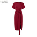 2025 Summer Dress ZANZEA Elegant Women Work OL Dresses Stylish Short Sleeve Slim Fit Party Vestidos Solid Lace Up Sundress Robe