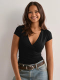 2025 Summer New Fashion Women's T-Shirt Solid-Color Slim-Fit V-Neck Short-Sleeve Top Y2k Clothing