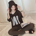 Women Half Sleeve Loose T-Shirts V-Neck Summer Causal Letter Print Crops Tops Pullovers Tees Streetwear Y2K 2pcs T Shirt+Tank