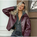 Zekye Spring Summer Women Jackets Fashion Lapel Zipper Long Sleeve Female Coats Lady Street Outwear Burgundy Leather Jacket