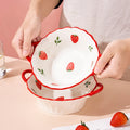 1/2pcs 8in Ceramic Salad Bowl with Cute Strawberry Pattern Design, Reusable Pasta Bowl, Ramen Bowl and Soup Bowl, Suitable for H