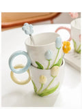 500ml 3D Tulip Pattern Ceramics Mug with Spoon Hand Carved Comfortable handle Coffee Cup Breakfast Milk oatmeal cup Girl Gift