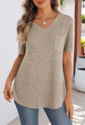 2025 Spring/Summer V-neck brushed texture ribbed solid color short-sleeved T-shirt for women