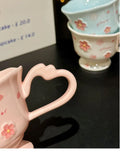 Sakura Relief Ceramic Mug with Spoon Pink Cute High Foot Design for Women Home Use Coffee Cup Souvenir Gift