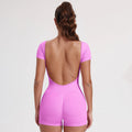 Backless Ribbed Bodysuit for Women Seamless U-Neck Short Sleeve Scoop Neck Jumpsuit Tummy Control Butt Lifting Workout Romper