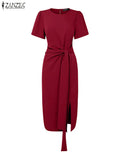 2025 Summer Dress ZANZEA Elegant Women Work OL Dresses Stylish Short Sleeve Slim Fit Party Vestidos Solid Lace Up Sundress Robe