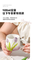 Tulip Ceramic Mug with Lid & Spoon 400ml Coffee Tea Cup, Valentine's Day/Teachers Day Gifts for Couples, Women, Home Office Use