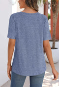 2025 Spring/Summer V-neck brushed texture ribbed solid color short-sleeved T-shirt for women
