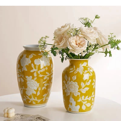 Ceramic Vase Chinese-style Retro Bottle Yellow Blue and White Porcelain Flowerpot Flower Vase Home Decoration Accessories