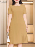 2025 ZANZEA Office Pleated Dresses Summer Women Short Sleeve Work OL Sundress Casual Solid Party Vestidos Knee-length Robe Femme