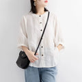 ZOKI Casual Cotton Linen Shirts Oversize Summer Lantern Half Sleeve Tops Summer Korean Loose Mom Button Up Blouse Dropshipping