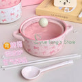 Pink Bow Double Ear Handle Bowl Ceramic Instant Noodles Bowl with Lid Cute Girl Heart Soup Bowl, High Beauty Household Rice Bowl