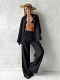 Bornladies Cotton Casual Pants Sets Women's Solid Color Cozy Lapel Long Sleeve Shirt Summer Outfit Elastic Waist Pants Suits