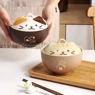 Japanese Creative Ceramic Soup Bowl Cute Cartoon Animals with Lid Cat Bowl Household Instant Noodles Bowl Rice Bowl Tableware