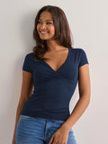 2025 Summer New Fashion Women's T-Shirt Solid-Color Slim-Fit V-Neck Short-Sleeve Top Y2k Clothing