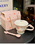 Sakura Relief Ceramic Mug with Spoon Pink Cute High Foot Design for Women Home Use Coffee Cup Souvenir Gift