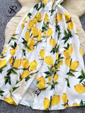 SINGREINY Lemon Print Beach Midi Dress Summer Women Spaghetti Strap A line Backless Split Korean Bohemian Floral Sundress