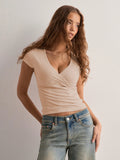 2025 Summer New Fashion Women's T-Shirt Solid-Color Slim-Fit V-Neck Short-Sleeve Top Y2k Clothing
