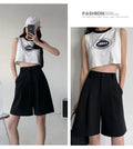 Knee Length Suit Shorts for Women Summer Thin High Waisted A-Line Wide Leg Pants Woman Loose Black Straight Leg Short Shorts