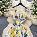 SINGREINY Lemon Print Beach Midi Dress Summer Women Spaghetti Strap A line Backless Split Korean Bohemian Floral Sundress