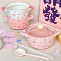 Pink Bow Double Ear Handle Bowl Ceramic Instant Noodles Bowl with Lid Cute Girl Heart Soup Bowl, High Beauty Household Rice Bowl