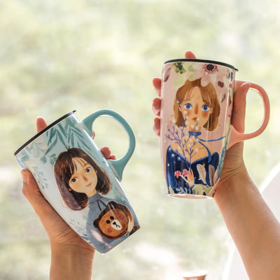 500ml cute girls' mug, large-capacity ceramic cup with lid, high appearance level, home coffee cup, household water drinkware