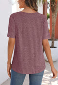 2025 Spring/Summer V-neck brushed texture ribbed solid color short-sleeved T-shirt for women