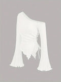 women's New off shoulder cross long sleeved slim fit casual street style asymmetrical elegant T-shirt trumpet sleeve top