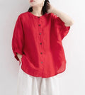 ZOKI Casual Cotton Linen Shirts Oversize Summer Lantern Half Sleeve Tops Summer Korean Loose Mom Button Up Blouse Dropshipping