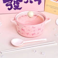 Pink Bow Double Ear Handle Bowl Ceramic Instant Noodles Bowl with Lid Cute Girl Heart Soup Bowl, High Beauty Household Rice Bowl
