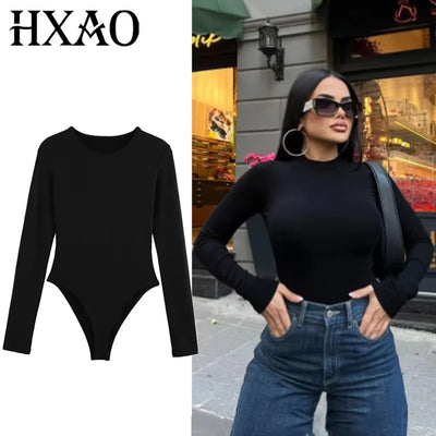 HXAO Woman 2025 Bodysuits Long Sleeve Black Body For Women Spring Summer Slimming Bodysuit Lingerie One Piece Thong Bodysuit