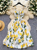 SINGREINY Lemon Print Beach Midi Dress Summer Women Spaghetti Strap A line Backless Split Korean Bohemian Floral Sundress